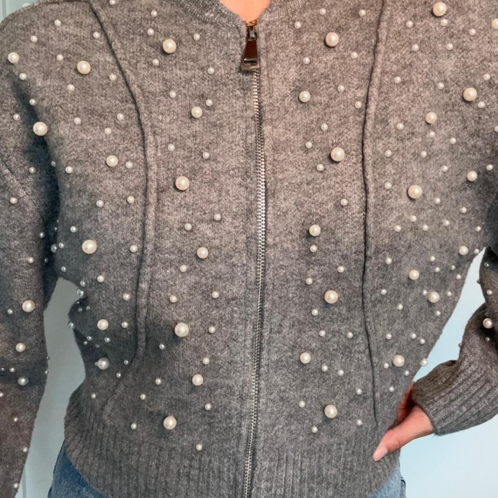Zara Gray Pearl Embellished Cardigan - Picture 8 of 8